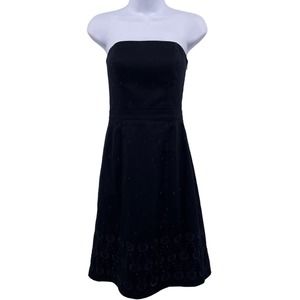 Ann Taylor Black Cotton Polka Dot Embroidery Strapless Dress